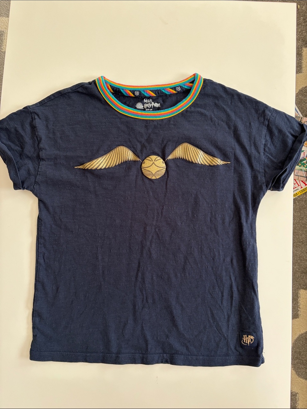 HP Navy Kids Tee with Gold Snitch and Rainbow Trim